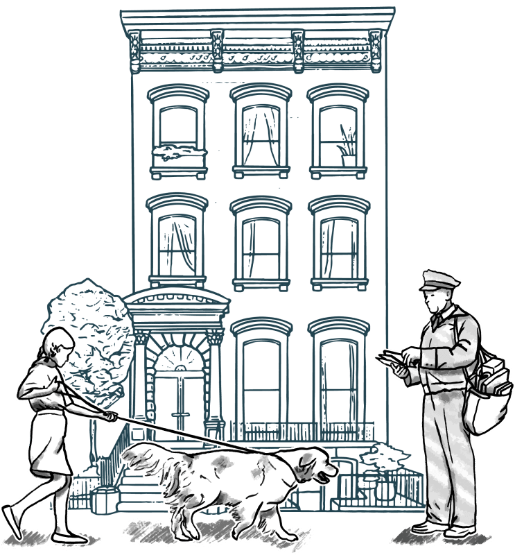 Dog walker and mailman in front of brownstone