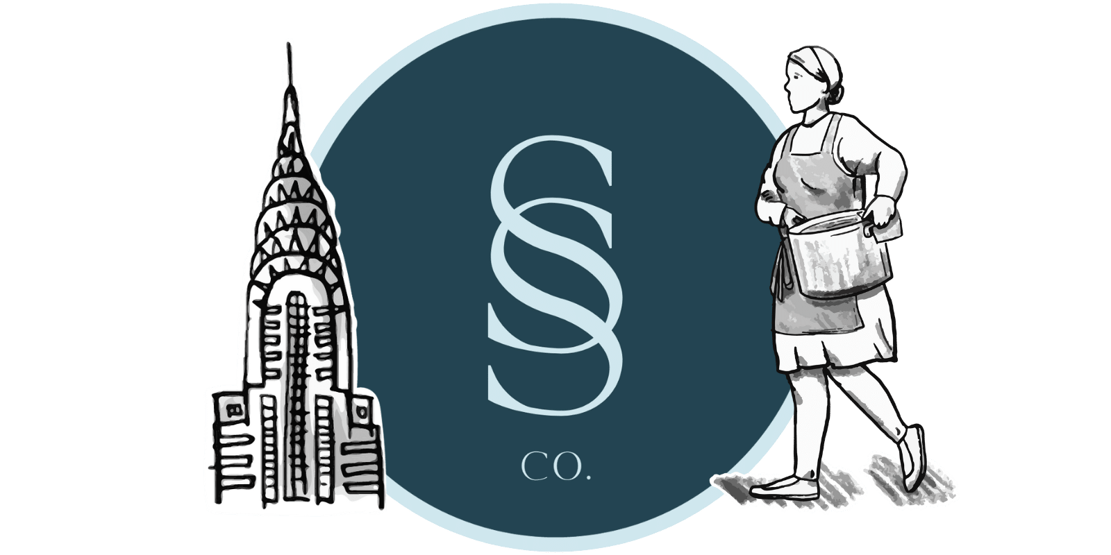 Seaside logo with NYC skyscraper and image of housekeeper