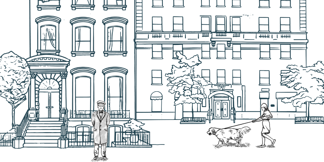 Dog walker and Doorman in a City