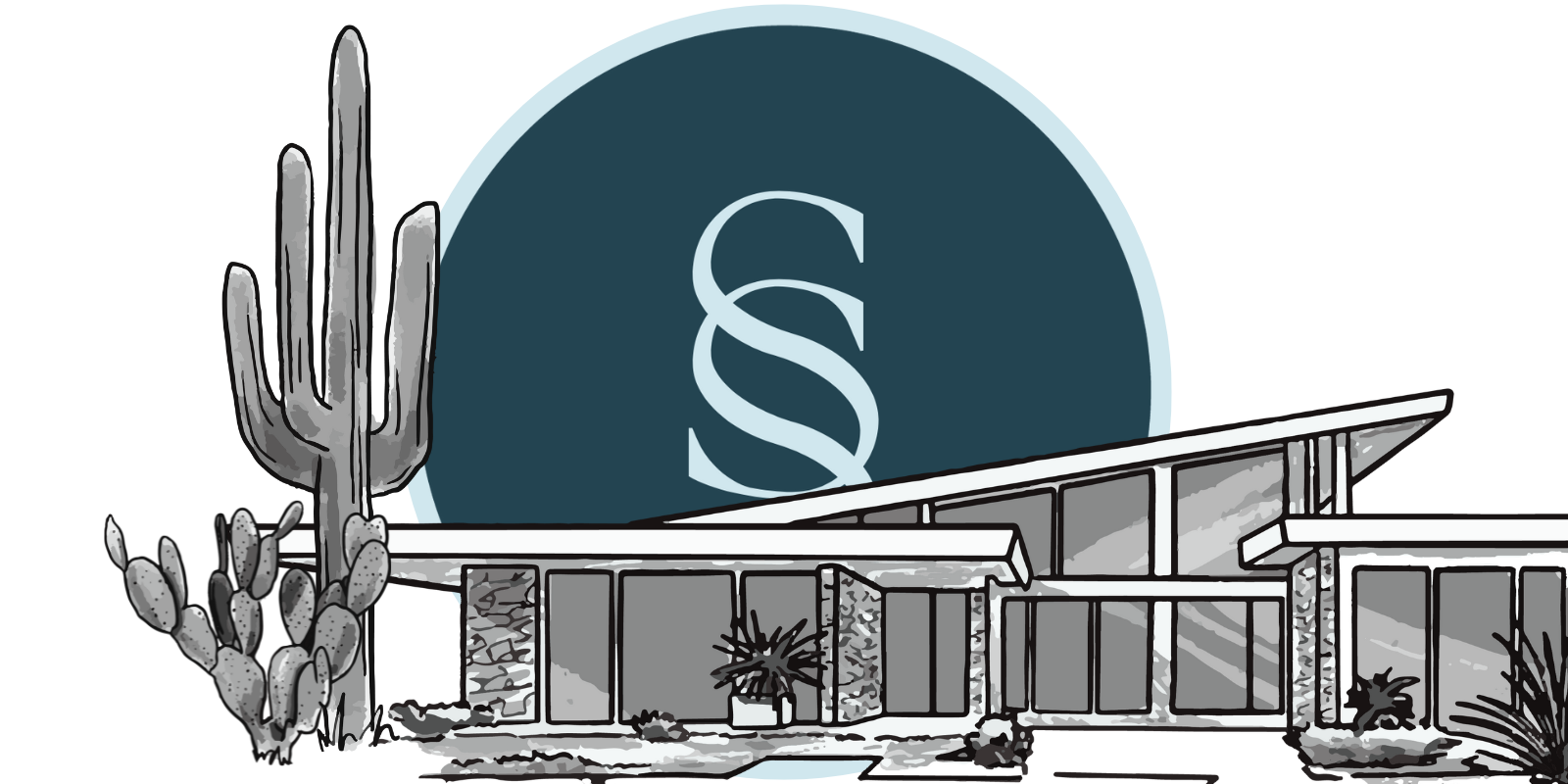Modern desert-style house with a large blue circular sign featuring an S behind the building, plus cactusplants in the foreground.